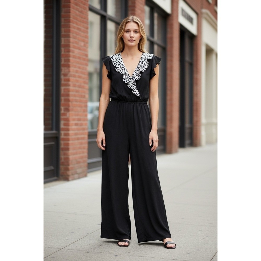 NWT Umgee USA Women's Black Faux Wrap Ruffled Polka Dot Wide Leg Jumpsuit Size S